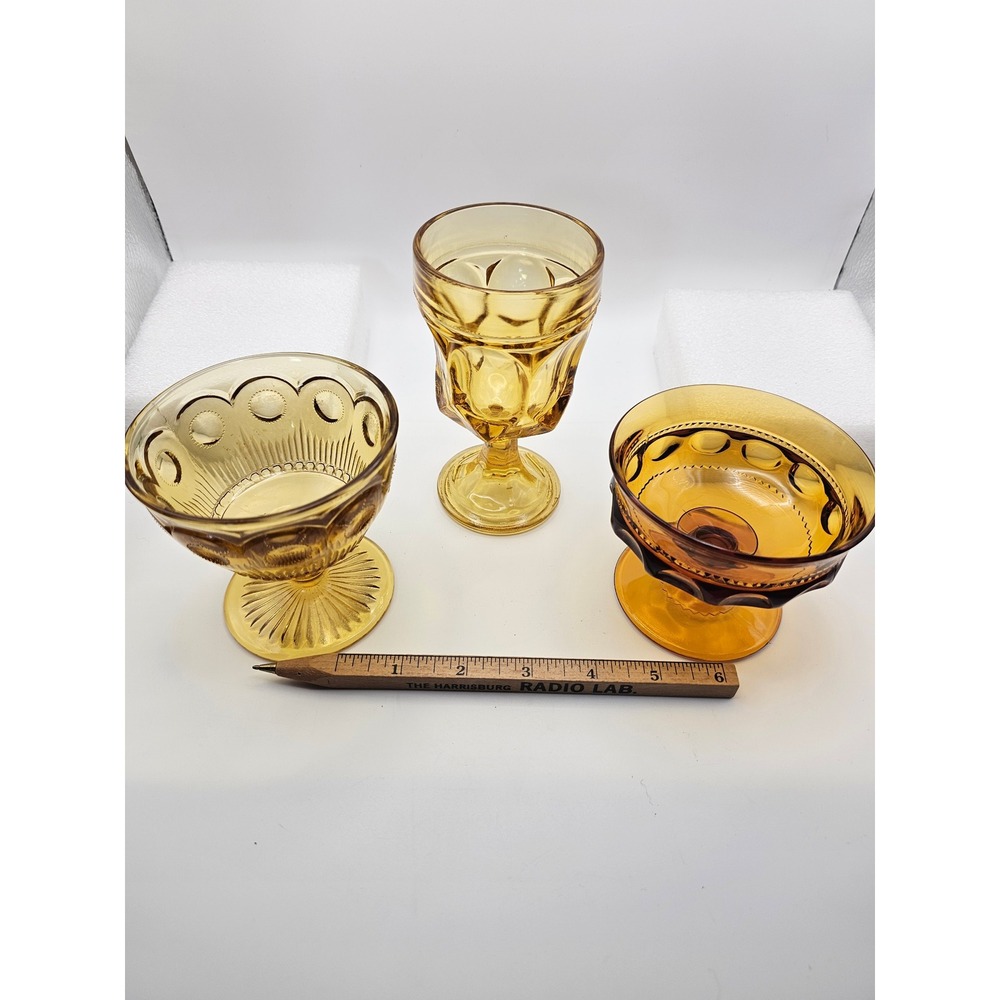 Vintage Amber Glass Lot Moon Star Sherbet Thumbprint Goblet Kings Crown 3pc